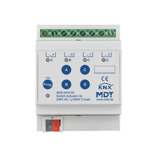 MDT AKS-0416.03 KNX Schaltaktor 4-fach, 4TE, REG, 16 A, 230 V AC, C-Last, Standard, 140 µF