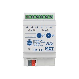 MDT AKD-0201.02 KNX Dimmaktor 2-fach, 3TE REG, 250 W, 230 V AC mit Wirkleistungsmessung