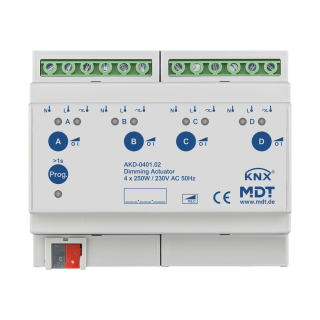 MDT AKD-0401.02 KNX Dimming Actuator 4-fold, 6SU MDRC, 250 W, 230 V AC, with active power measurement