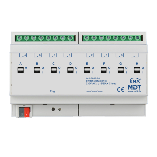 MDT AKI-0816.04 KNX Switch Actuator 8-fold, 8SU MDRC, 16/20 A, 230 V AC, C-load, industrie, 200 μF