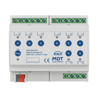 MDT AKS-0810.03 KNX Switch Actuator 8-fold, 6SU MDRC, 10 A, 230 V AC, C-load, standard, 140 μF