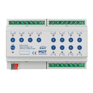 MDT AKS-1210.03 KNX Switch Actuator 12-fold, 8SU MDRC, 10 A, 230 V AC, C-load, standard, 140 μF