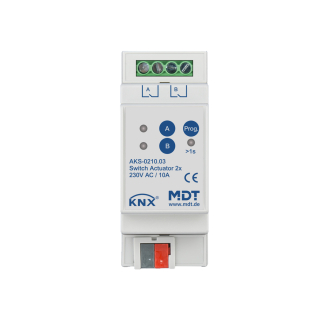MDT AKS-0210.03 KNX Switch Actuator 2-fold, 2SU MDRC, 10 A, 230 V AC, C-load, standard, 140 μF