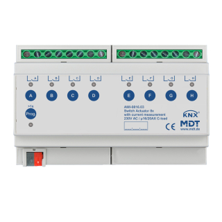 MDT AMI-0816.03 KNX Switch Actuator 8-fold, 8SU MDRC, 16/20 A, 230 V AC, C-load, industrie, 200 μF, current measurement